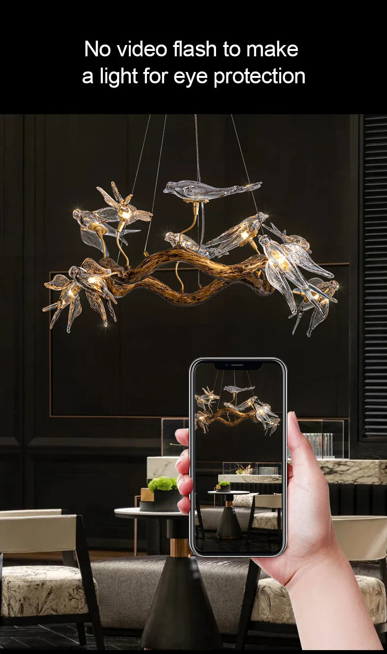 Vintage round bird ceiling chandelier with swallow design by MC THE BLACK DIAMOND, featuring intricate lighting fixture details.