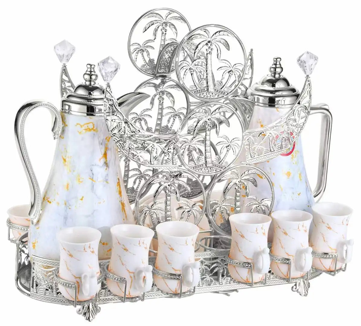 MC The Black Diamond Arabic ceramic golden tea set with matching cups and teapot, featuring elegant black and gold design.