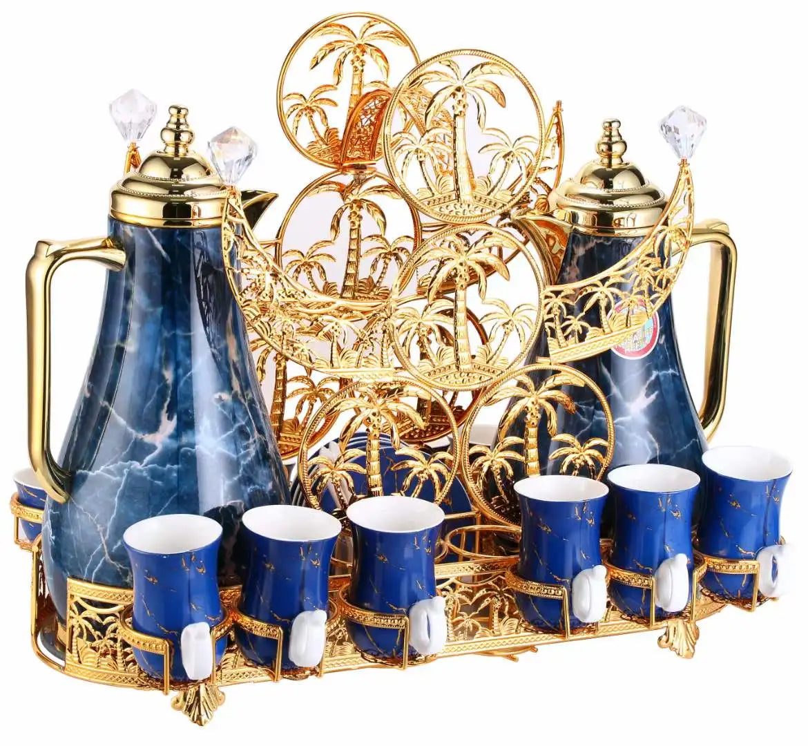 MC The Black Diamond Arabic ceramic golden tea set with black and gold design, featuring teapot, cups, and serving tray.