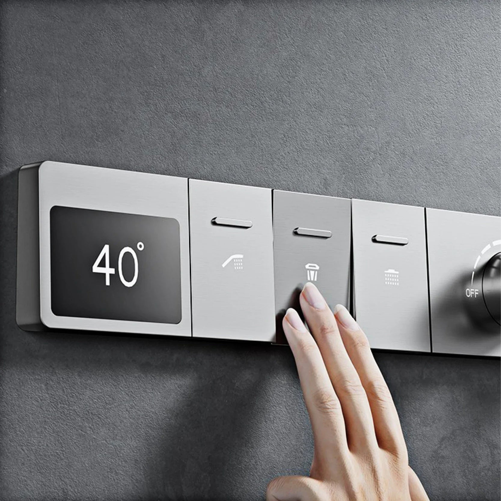 MC THE BLACK DIAMOND LED digital display shower system with hot and cold water faucet embedded in bathroom setup
