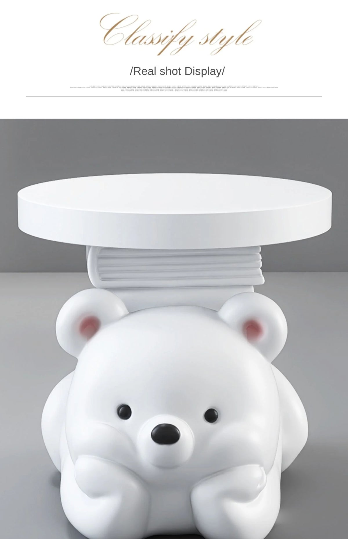 Cream bear-shaped MC THE BLACK DIAMOND end table serving as a living room floor ornament and home accessory.