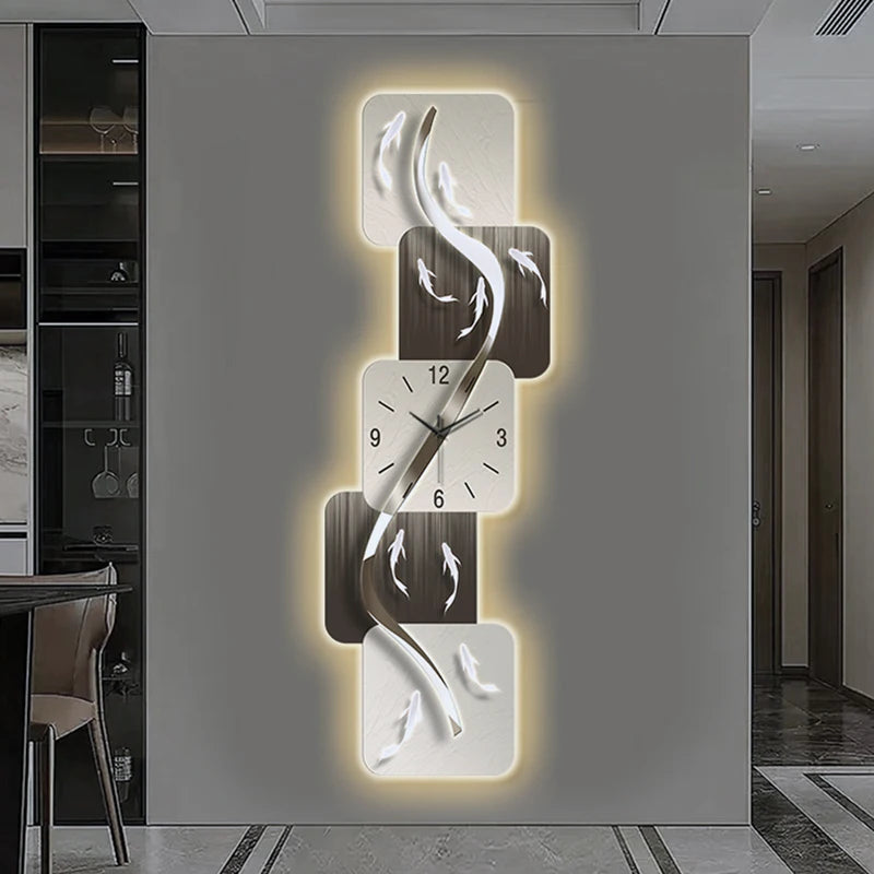 Modern wall clock featuring nine fish design, luminescent mural, and advanced art style, perfect for living rooms or hallways.