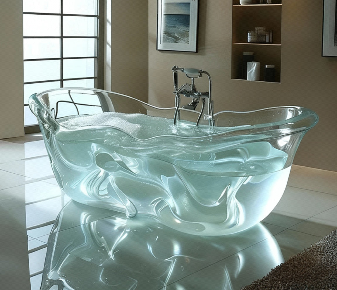 Transparent AI concept couple freestanding crystal resin bathtub by MC THE BLACK DIAMOND, showcasing sleek, modern design and crystal-clear surface.