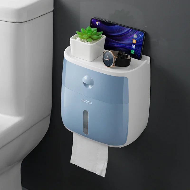 Plastic portable toilet roll paper holder with waterproof double-layer design, ideal for bathroom storage and accessories.