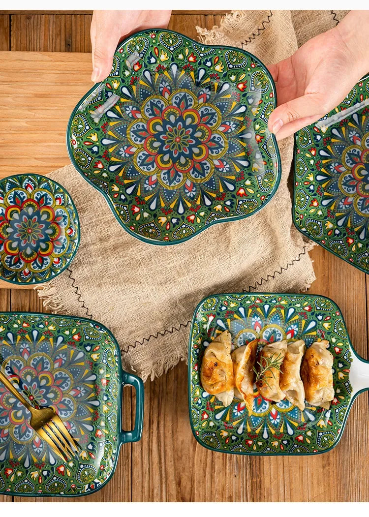 Bohemia ceramic rice bowl serving plate featuring intricate black diamond patterns, ideal for serving rice or small dishes.