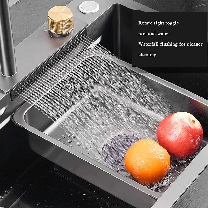 Kitchen sink waterfall faucet by MC THE BLACK DIAMOND with large single bowl and cup washer for modern kitchen use.