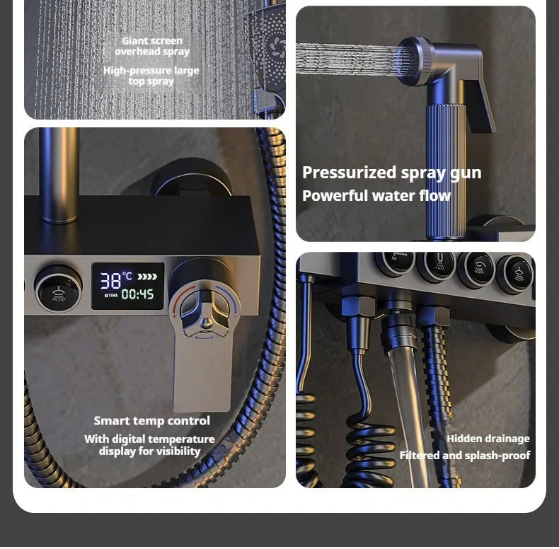 Modern MC THE BLACK DIAMOND multi-function shower system with handheld and overhead shower heads, sleek chrome finish.