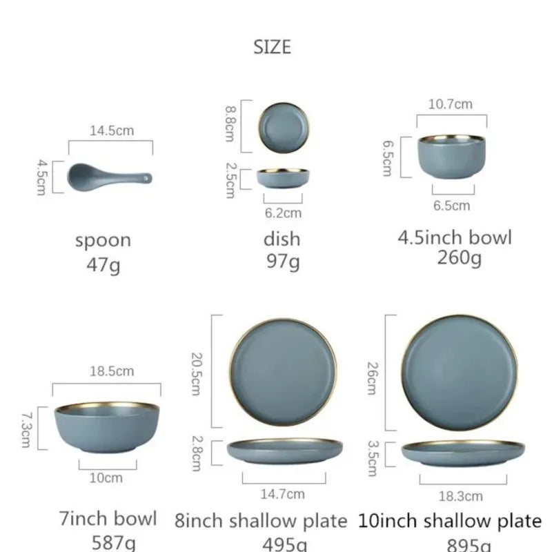Matte ceramic dinnerware set with cereal bowls, dessert plates, and steak plates from 𝕄𝕔 𝕋𝕙𝕖 𝔹𝕝𝕒𝕔𝕜 𝔻𝕚𝕒