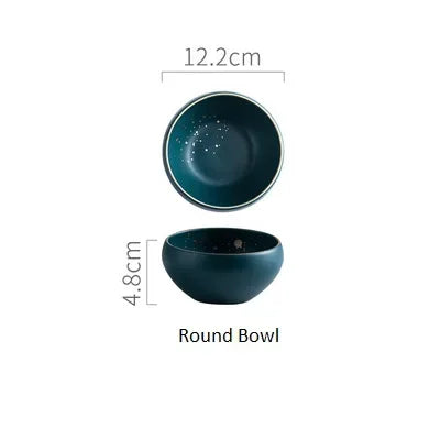 Dark green ceramic Western dinnerware set by MC THE BLACK DIAMOND, including plates and bowls with a sleek Nordic design.