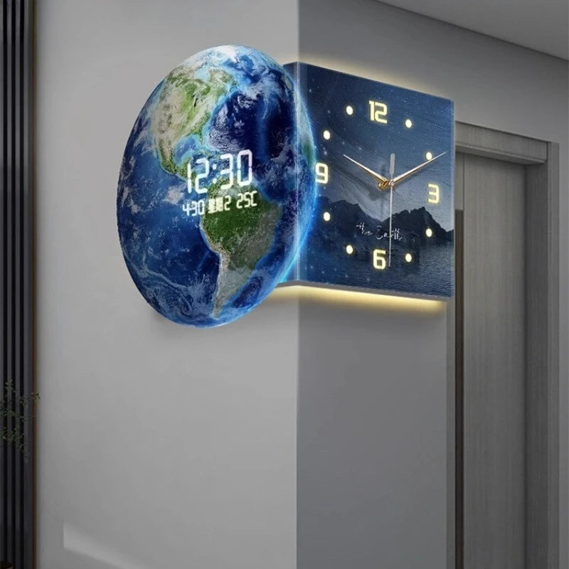 MC THE BLACK DIAMOND Earth double-sided corner LED wall clock showing time from both sides in a modern design.