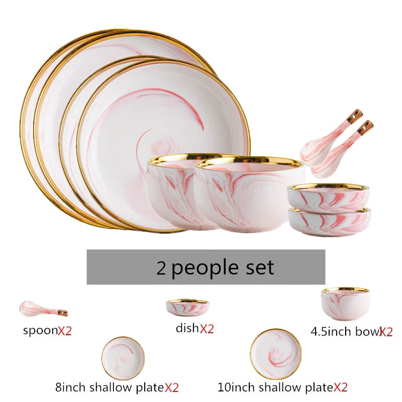 Pink gilded marble pattern porcelain dinnerware set by MC The Black Diamond, featuring elegant plates and bowls with gold accents.