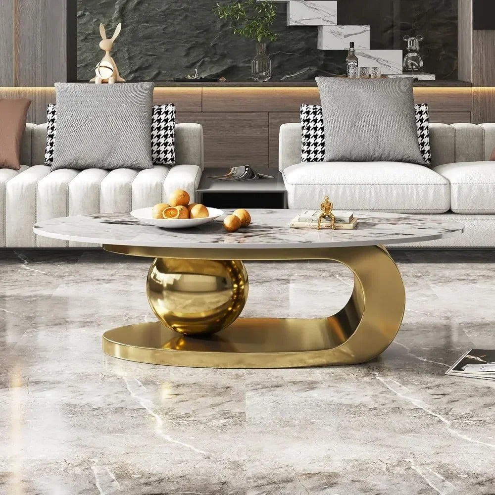 Modern oval stone coffee table with gold metal base by 𝕄𝕮 𝕋𝕙𝕖 𝔹𝕝𝕒𝕔𝕜 𝔻𝕚𝕒𝕞𝕠�