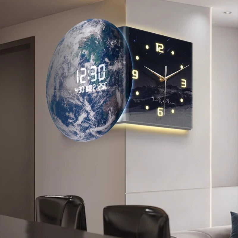 Double-sided Earth-themed LED wall clock by MC THE BLACK DIAMOND, showcasing a modern design with illuminated time display.