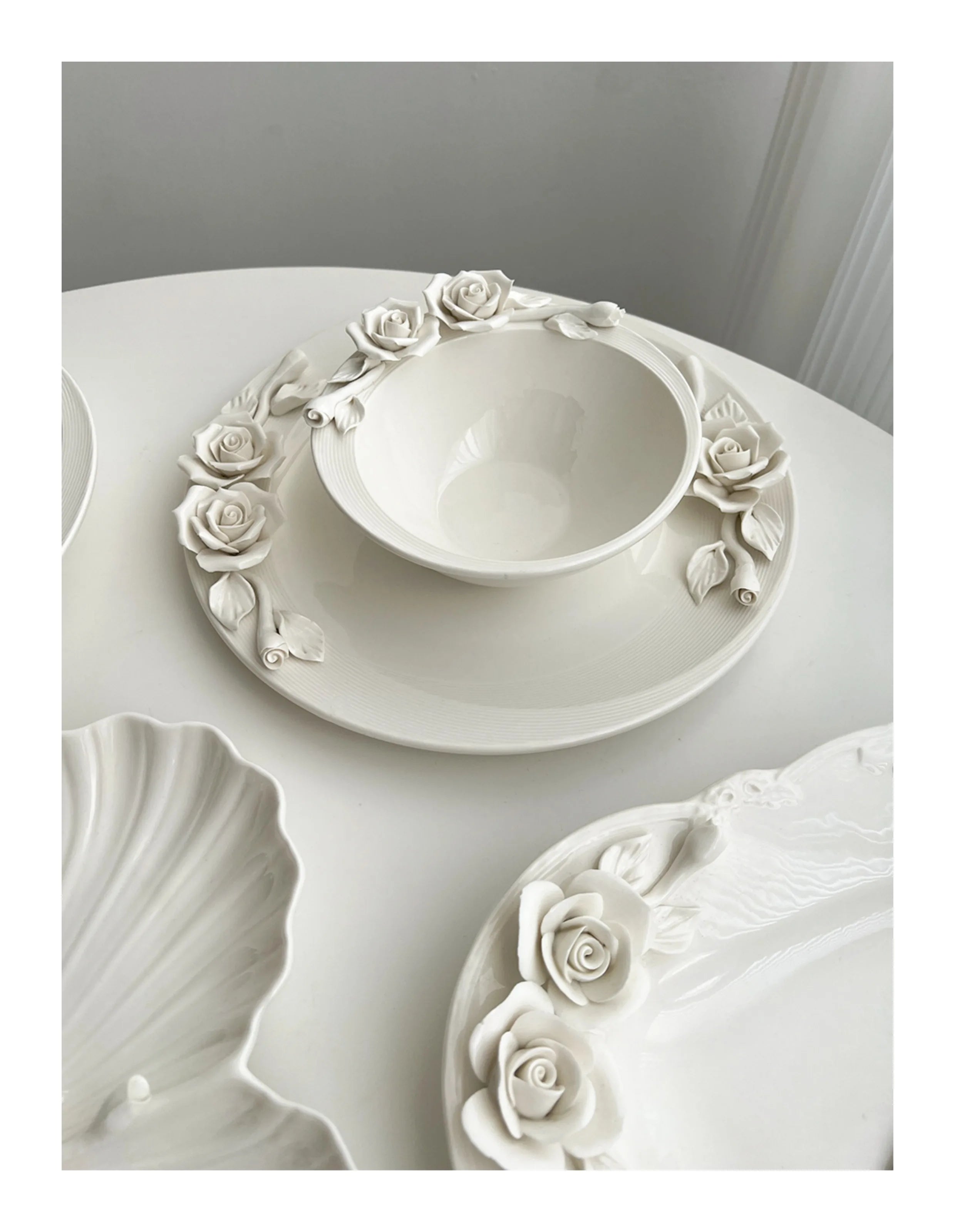 European Relief hand-held flower bowl, ceramic plate, cup, and tableware set by 𝕄𝕔 𝕋𝕙𝕖 𝔹𝕝𝕒𝕔𝕜 𝔻𝕚𝕒
