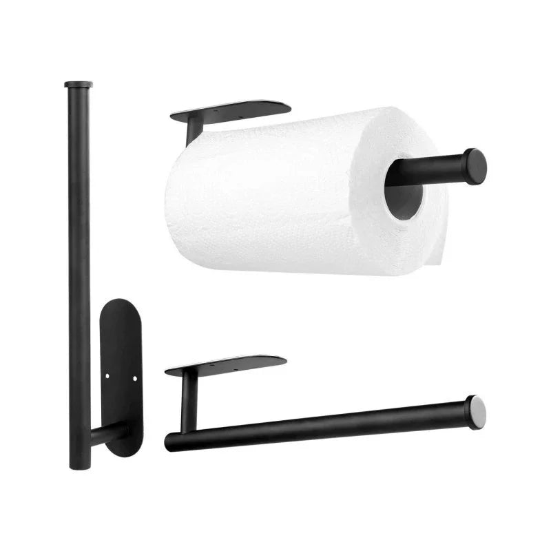 Self-adhesive paper towel holder for under kitchen cabinets, black finish, by MC THE BLACK DIAMOND, mounted under cabinet for easy towel access.