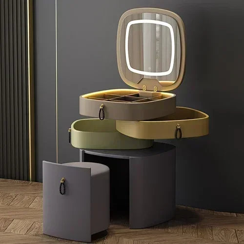 Modern MC THE BLACK DIAMOND makeup vanity with storage drawer, luxurious mirror, and stool for elegant beauty organization.