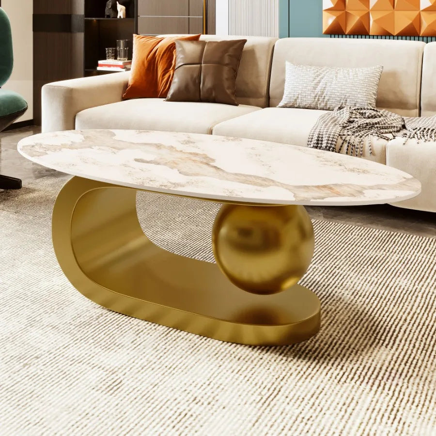 Modern oval coffee table with marble-patterned sintered stone top and gold stainless steel base, ideal for living room decor.