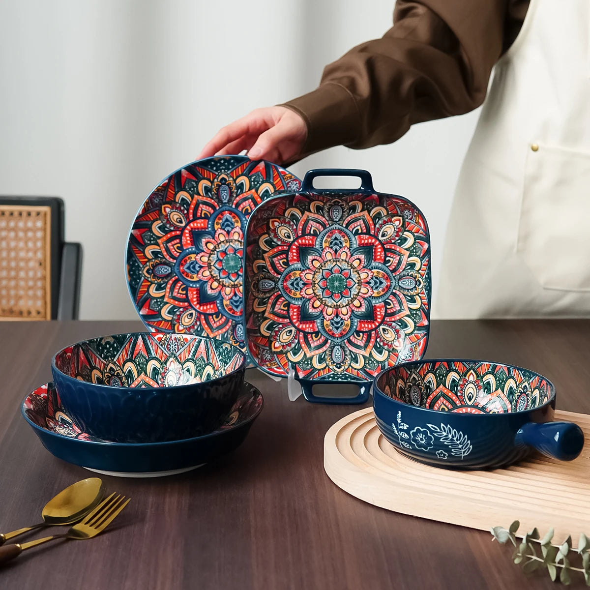 Bohemian ceramic dinnerware set with a unique floral pattern, featuring plates and bowls from MC THE BLACK DIAMOND