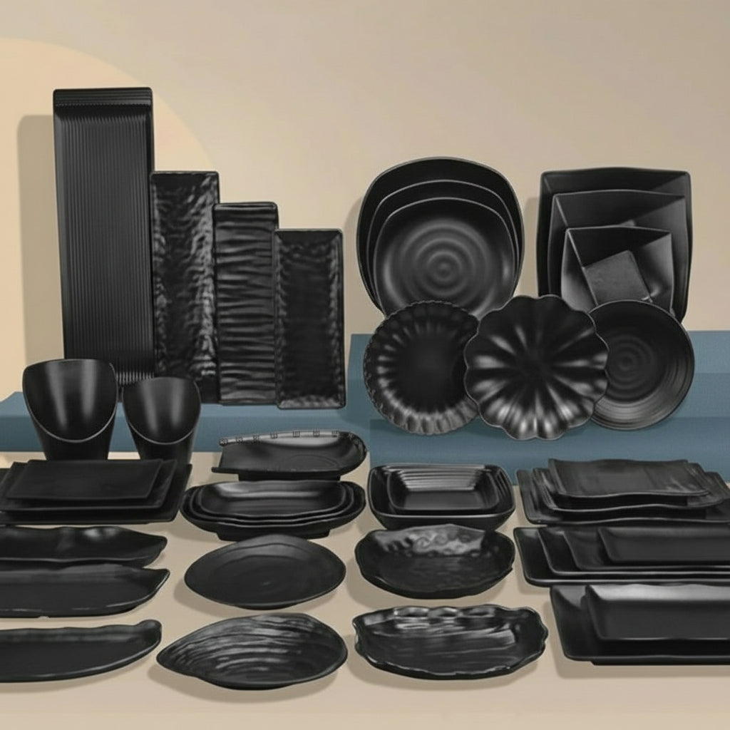 MC THE BLACK DIAMOND dinnerware set with plates, bowls, and utensils for household kitchen use, stylish and complete tableware collection.