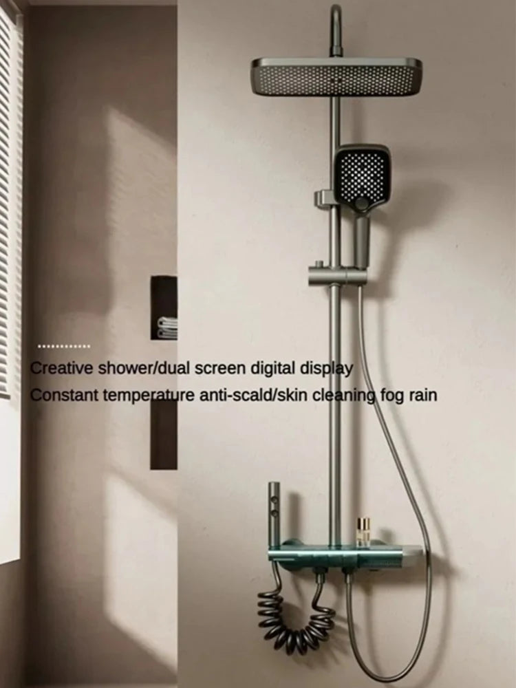 Wall-mounted MC THE BLACK DIAMOND rainfall shower system with pressurized bath and shower faucet set, featuring modern design.