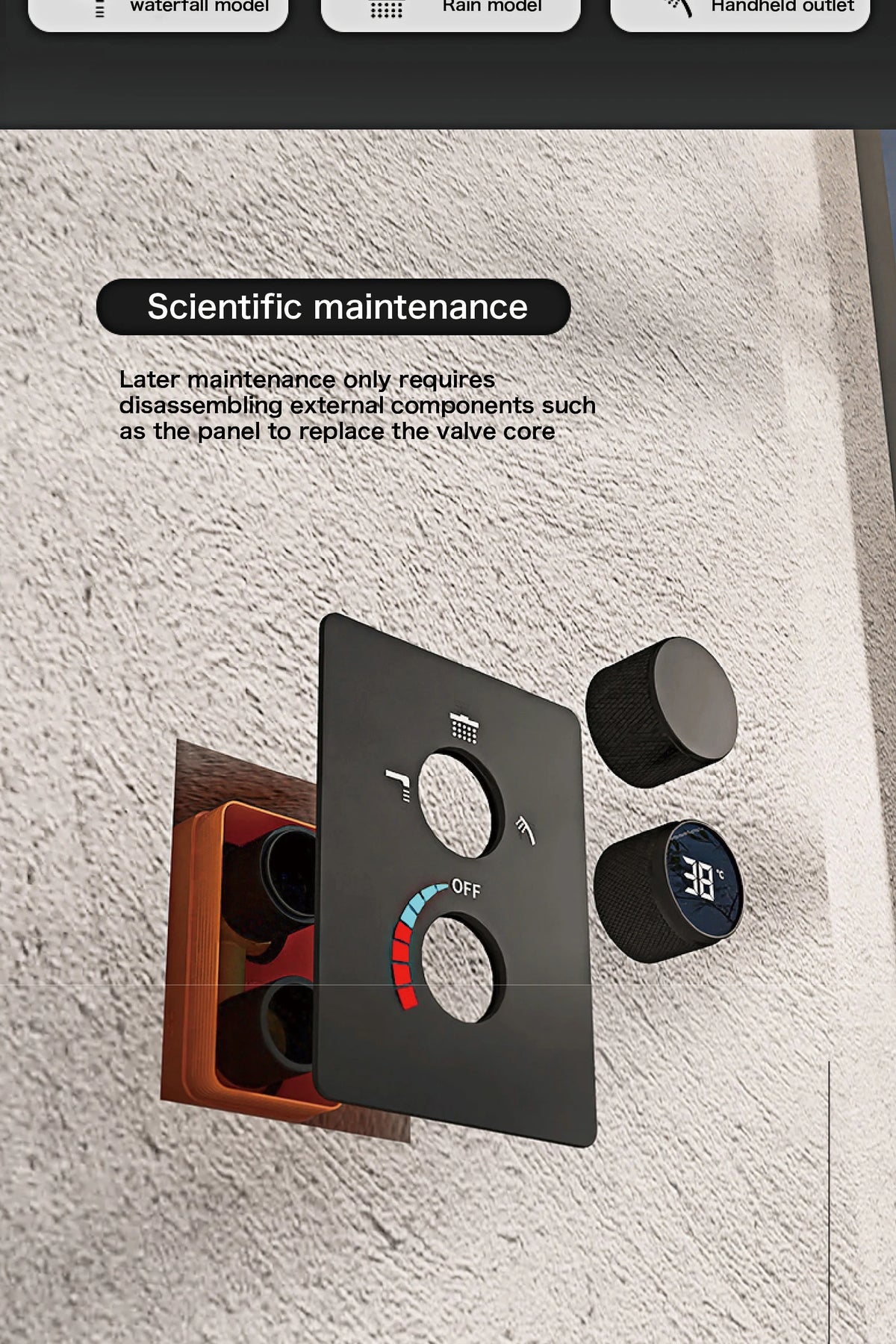 LED digital display shower system by MC THE BLACK DIAMOND showing dual control for hot and cold water in a modern bathroom setup.