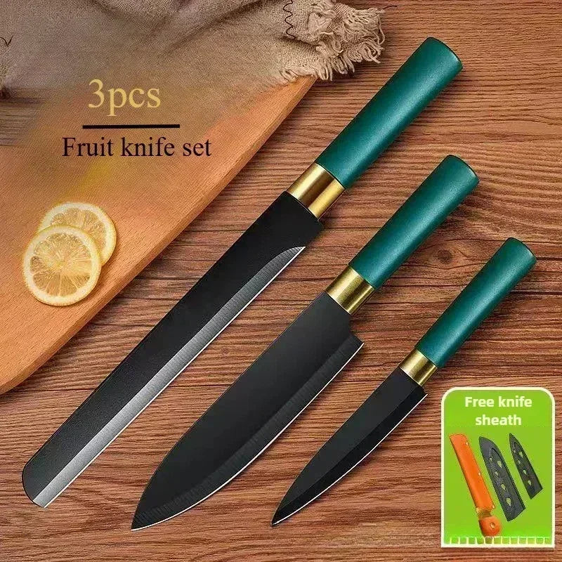 Set of portable, wear-resistant kitchen meat cutting knives by MC THE BLACK DIAMOND, showing multiple sharp knives for butchering and food prep.