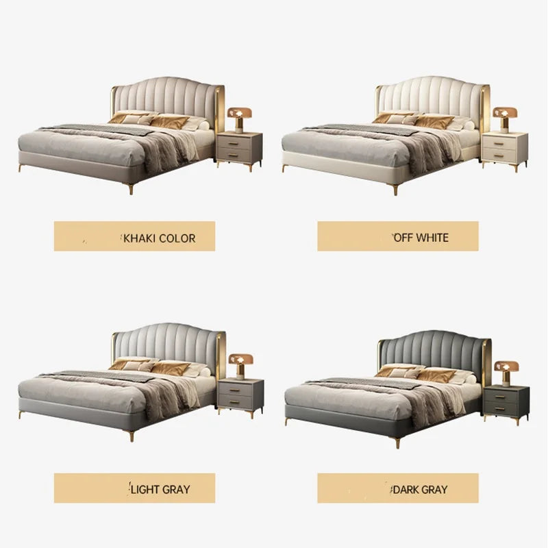 King size upholstered bed from MC THE BLACK DIAMOND, stylish home bedroom furniture with a padded headboard and modern design.