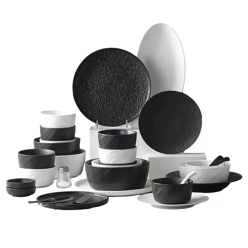 Modern Simplicity black and white frosted porcelain dinner set with ceramic bowls, dishes, and plates for household and hotel use.