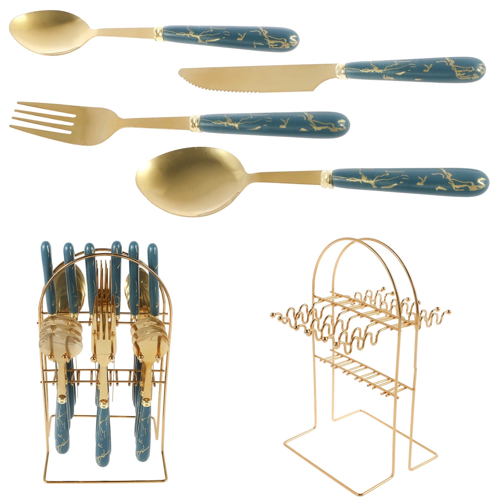 Stainless steel flatware set with holder, includes forks, knives, and spoons from MC THE BLACK DIAMOND, arranged on a table.