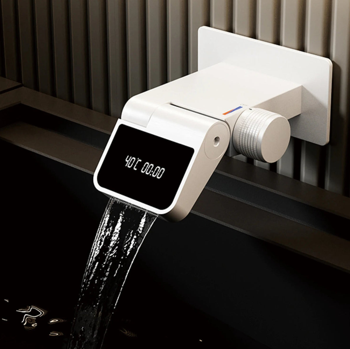Luxury brass wall-mounted bathroom sink faucet with LED digital display, dual hot and cold controls, and sleek white finish.