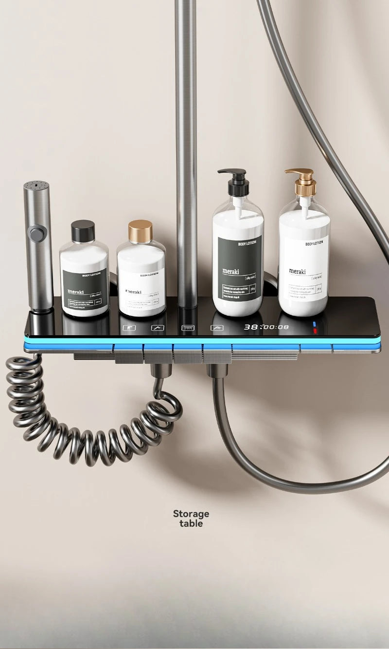 Digital bathroom shower faucet set by MC THE BLACK DIAMOND with temperature display and rainfall showerhead in a sleek shower system design.