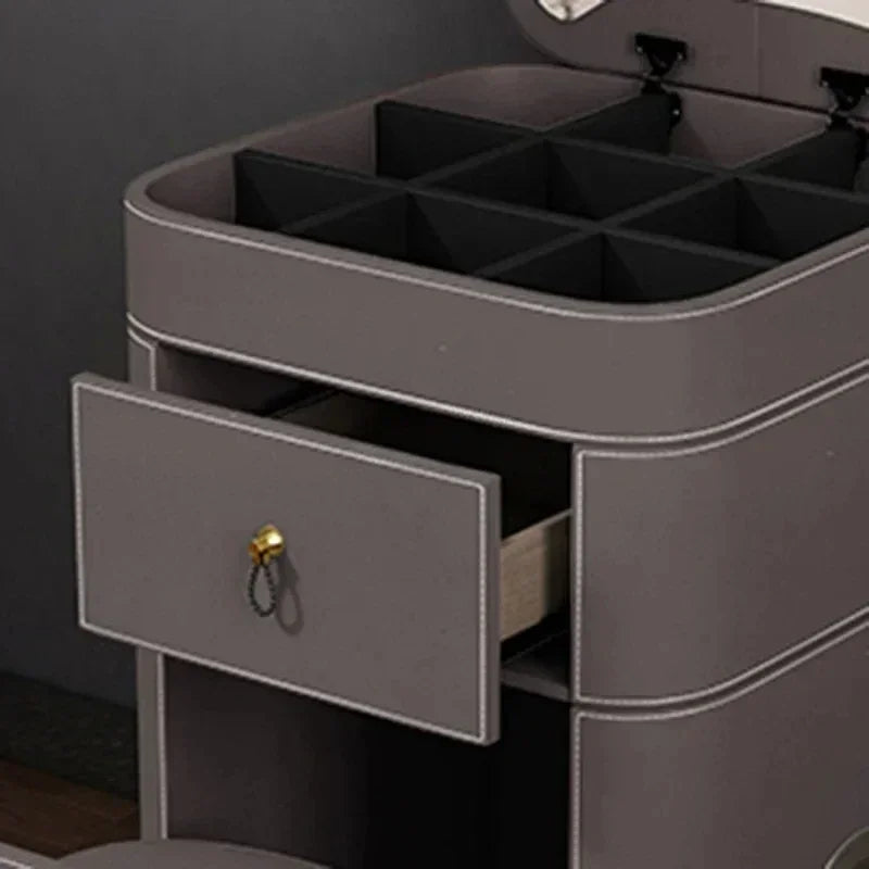 Modern makeup vanity with storage drawer, luxury mirror, and stool by MC THE BLACK DIAMOND, featuring sleek, elegant design.