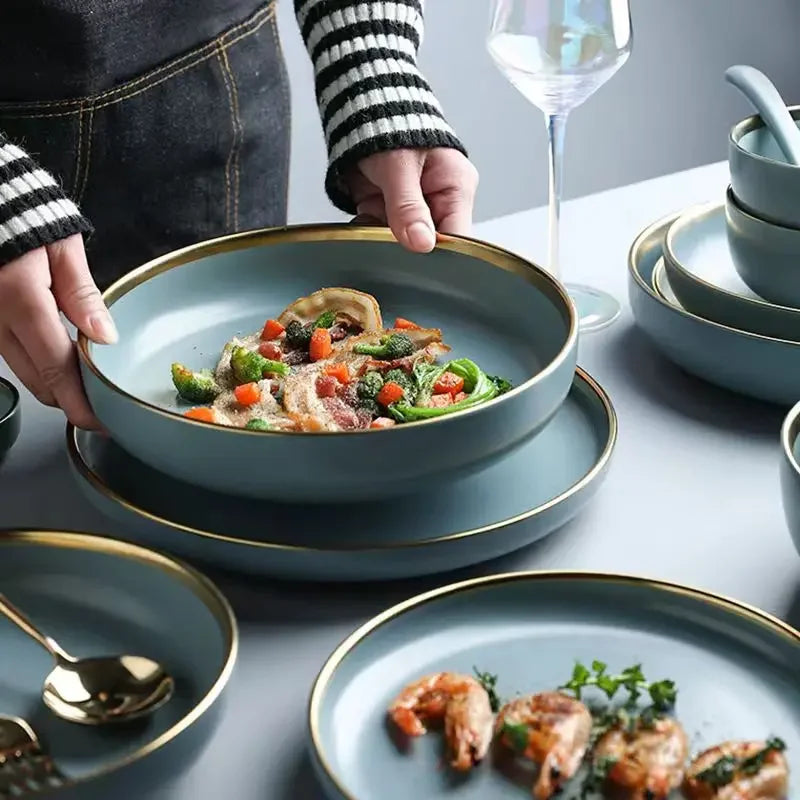Matte ceramic dinnerware set with cereal bowls, dessert plates, and steak plates from 𝕄𝕔 𝕋𝕙𝕖 𝔹𝕝𝕒𝕔𝕜 𝔻𝕚𝕒