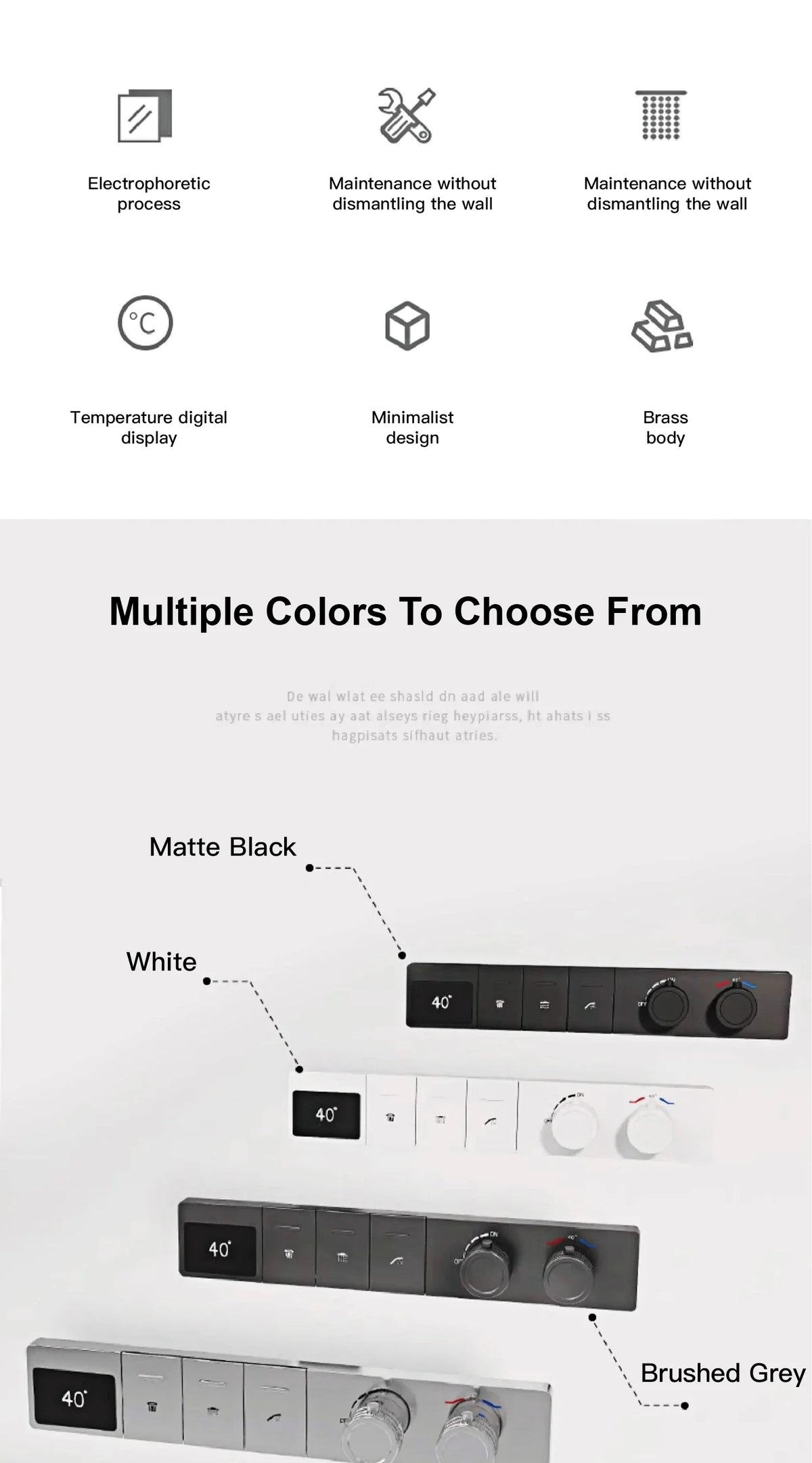 MC THE BLACK DIAMOND LED digital display bathroom shower system with hot and cold water embedded faucet showing temperature