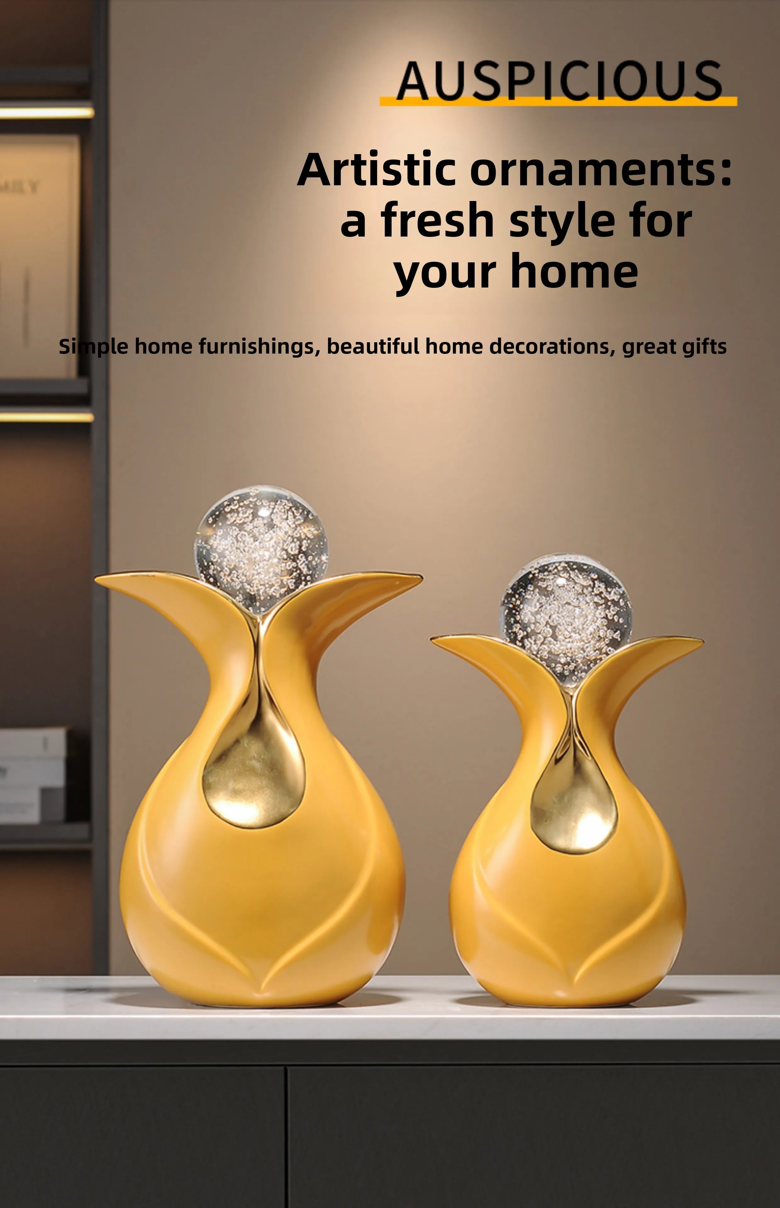 Modern art ceramic figurines with crystal ball, Feng Shui decor by MC THE BLACK DIAMOND featured in the image.