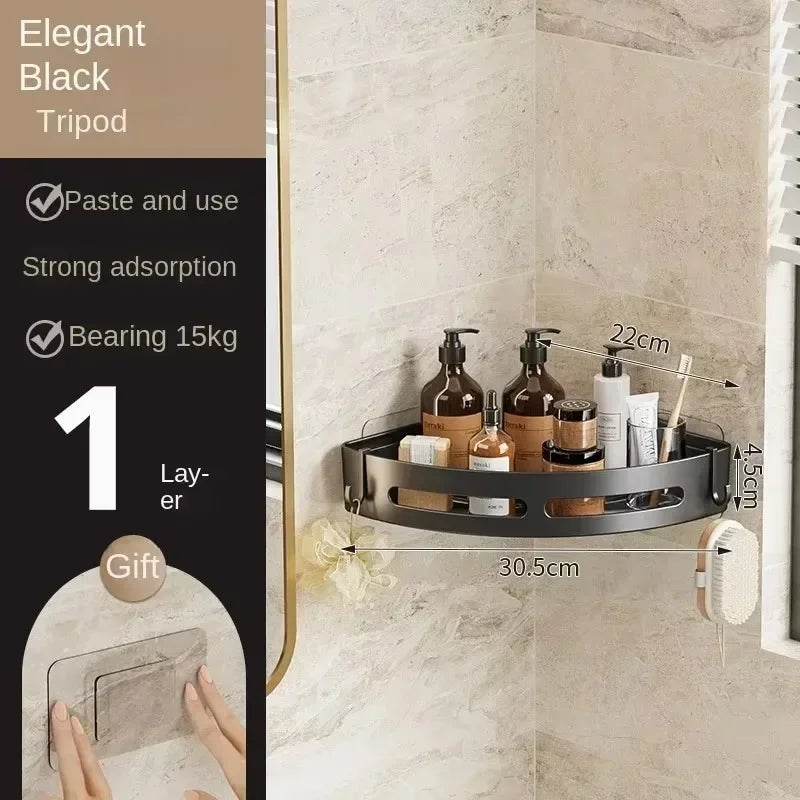 MC Diamond No-Drill Shower Caddy bathroom organizer with multiple shelves and hooks for toiletries, mounted without drills.