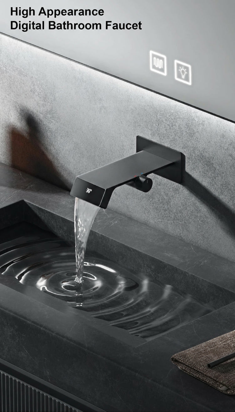 Luxury gray brass bathroom faucet with LED digital display, MC THE BLACK DIAMOND bath sink faucet, modern and sleek design