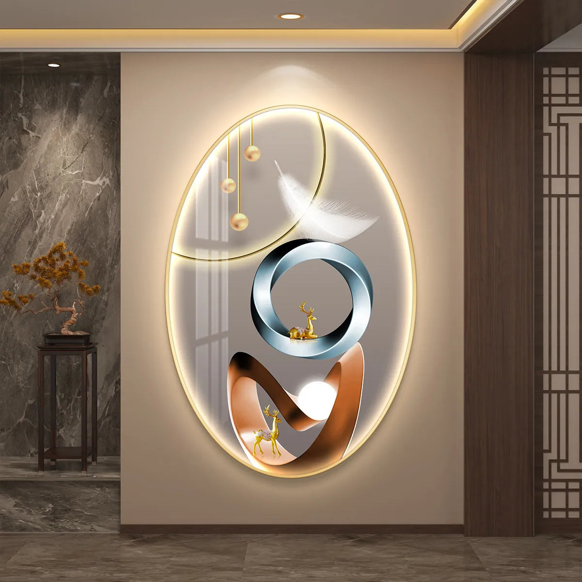 Luminous LED wall decor poster by MC THE BLACK DIAMOND featuring an aesthetic high-end living room corridor painting.