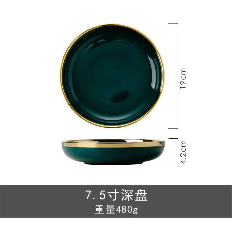 Dark green ceramic cutlery bowls set with gold-plated accents, including rice and porcelain dishes for kitchen and dining use.