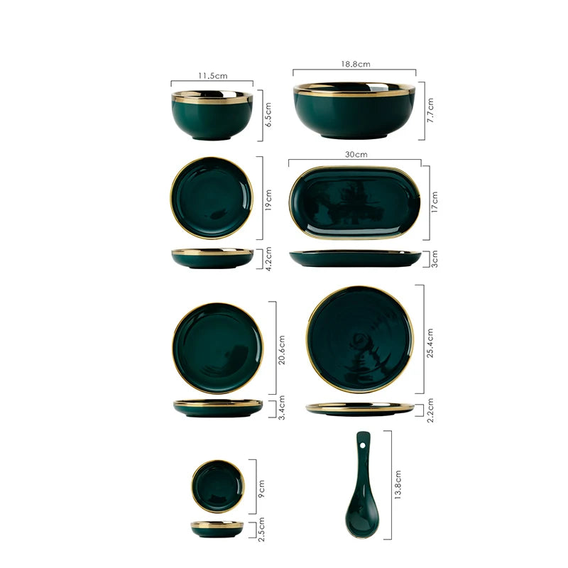 Dark green ceramic cutlery bowls set with gold accents, including rice bowls and porcelain plates, by 𝕄𝕔 𝕋𝕙𝕖 𝔹𝕝𝕒𝕔𝕜 𝔻𝕚�