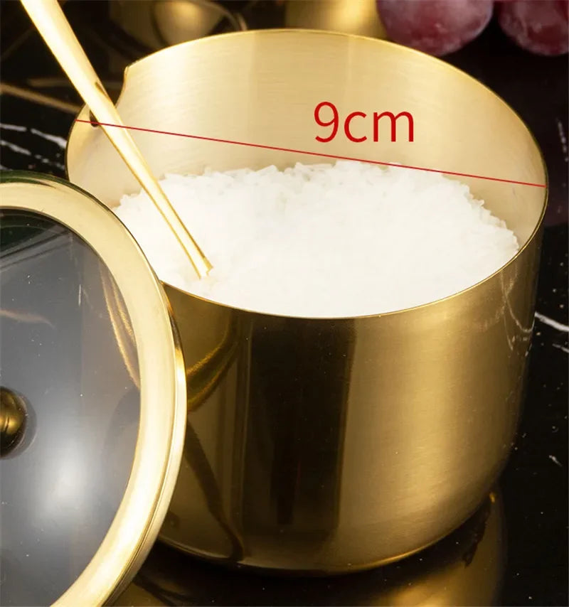 Golden Seasoning box with glass cap and spoon, MC THE BLACK DIAMOND kitchen tool for flavoring and seasoning storage.