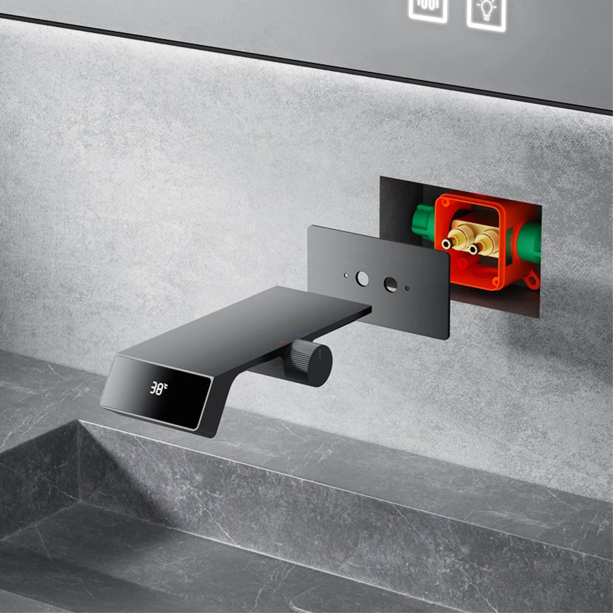 Luxury gray brass bathroom faucet with LED digital display, designed for bath sinks by MC THE BLACK DIAMOND.