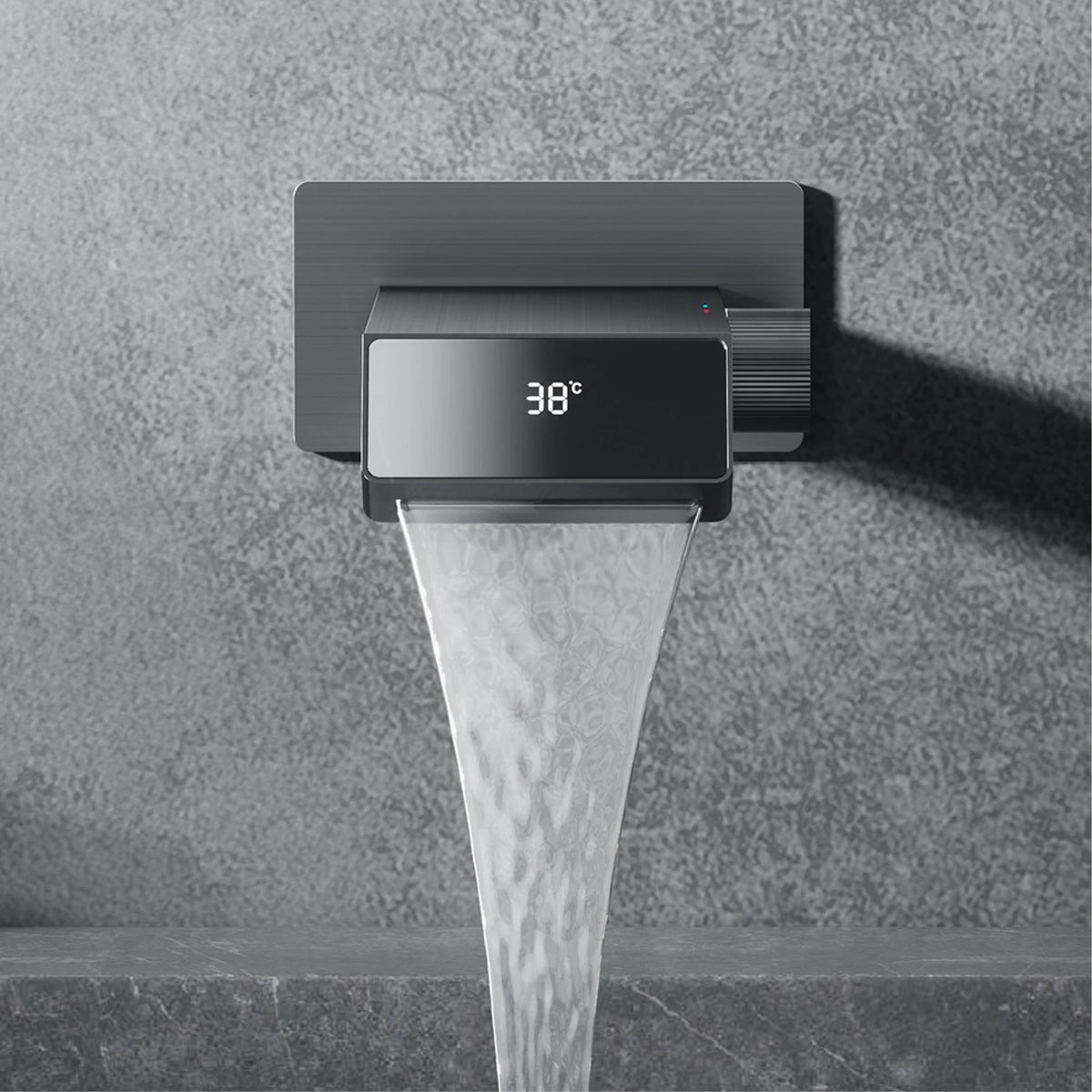 Luxury MC THE BLACK DIAMOND gray brass bathroom faucet with LED digital display and modern bath sink faucet design.