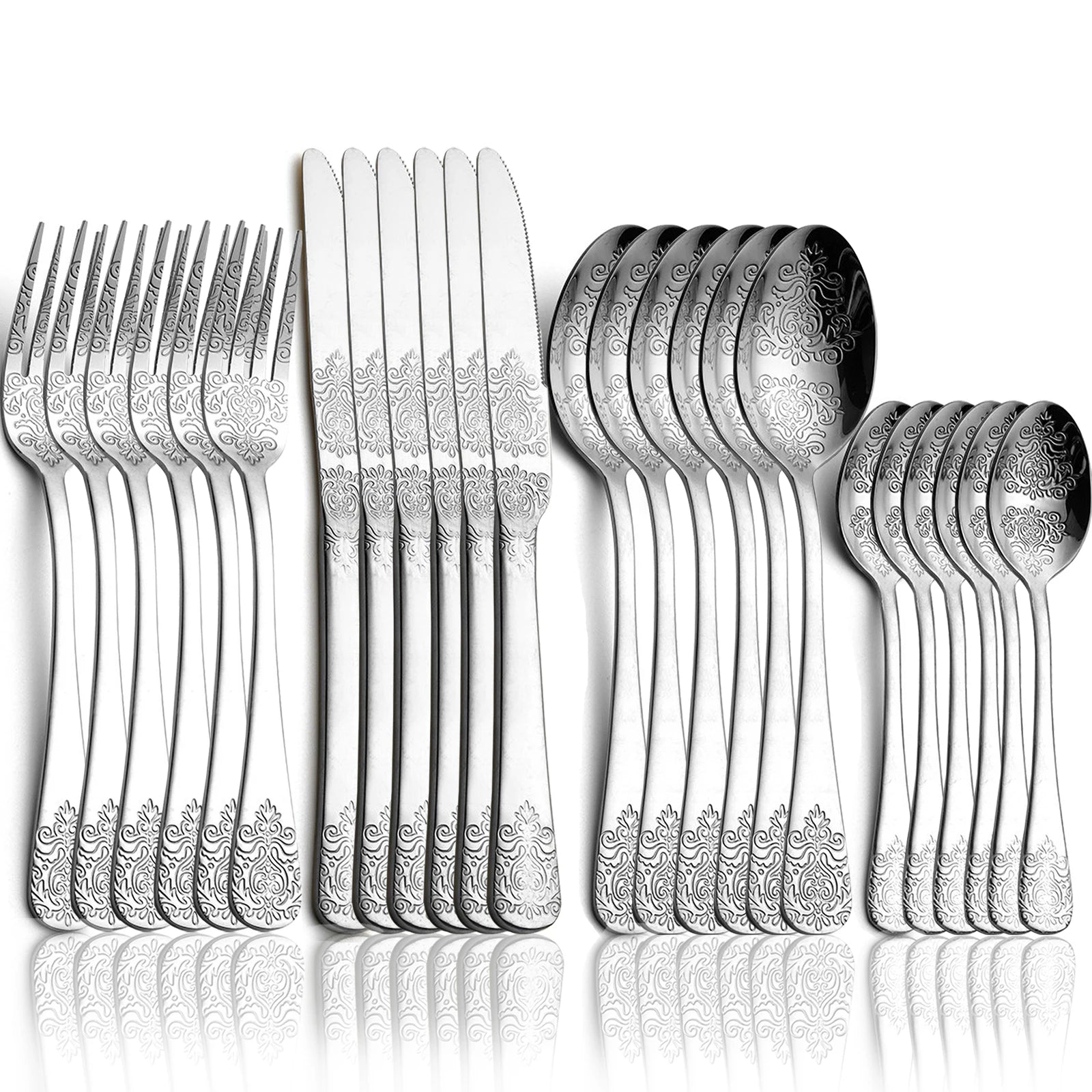Stainless steel gold cutlery set by MC THE BLACK DIAMOND, includes forks, knives, and spoons in a sleek flatware design.