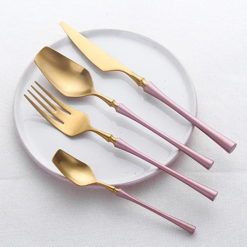 Mirror matte stainless steel black gold and silver dinnerware set with reflective finishes and elegant design elements.