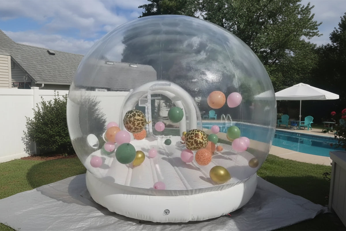 Transparent inflatable crystal dome bubble room by MC THE BLACK DIAMOND, showcasing a spacious bubble bouncer with clear walls.