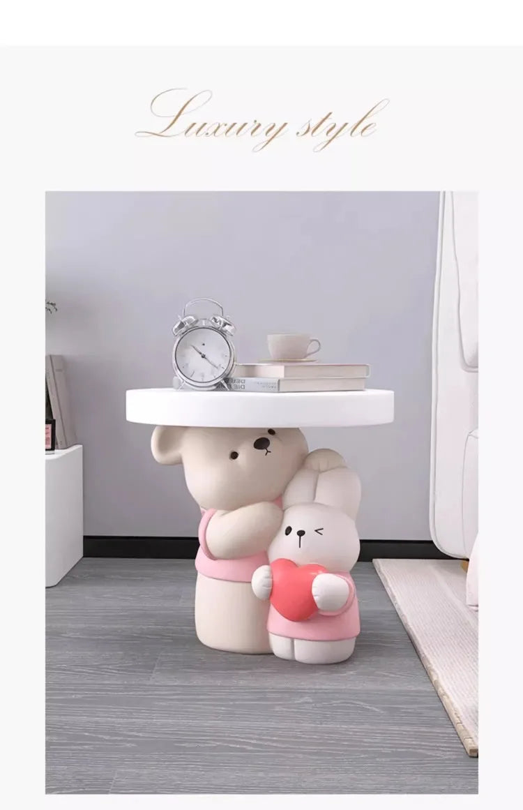 Cream-colored MC THE BLACK DIAMOND bear statue coffee table with parent-child bear design, ideal for home decor.