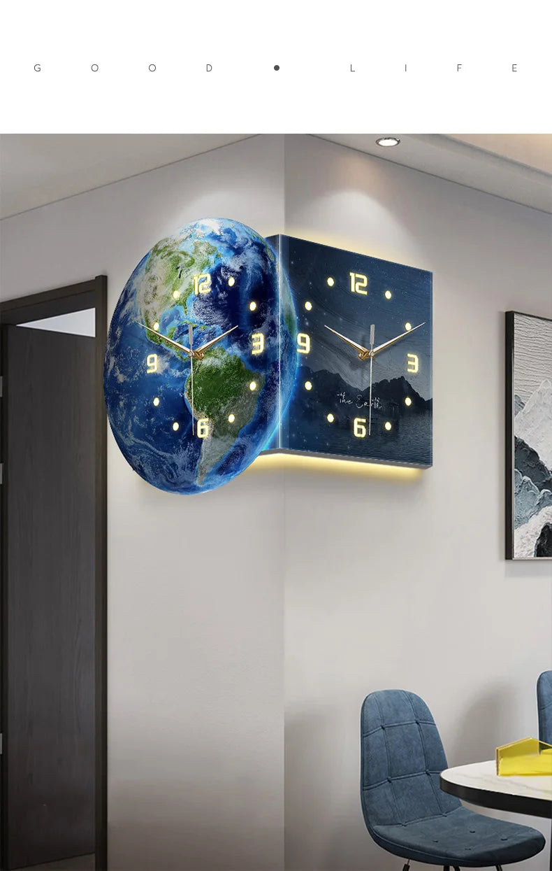 Earth double-sided corner LED wall clock by MC THE BLACK DIAMOND showing a modern, illuminated clock with dual faces on a wall.
