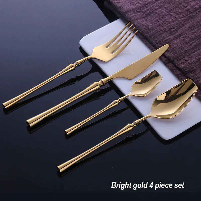 Mirror matte stainless steel dinnerware set with black, gold, and silver finishes from 𝕄𝕔 𝕋𝕙𝕖 𝔹𝕝𝕒𝕔𝕜 𝔻𝕚𝕒�