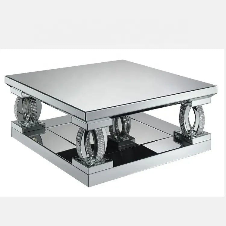 Unique crystal design coffee side mirrored center table for home decor by MC THE BLACK DIAMOND, featuring reflective glass surfaces.